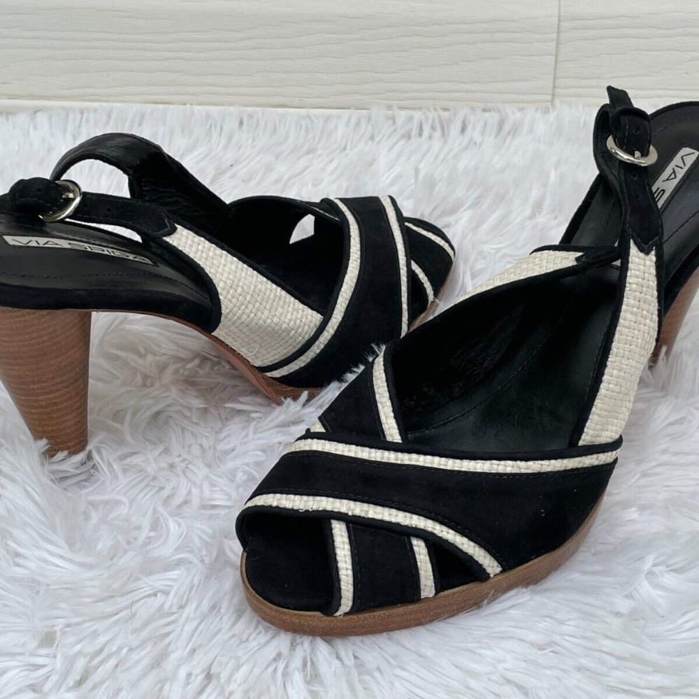 Via Spiga Women Heel Shoes Sandal Black/White Faux Suede Upper Brazil Size 9.5